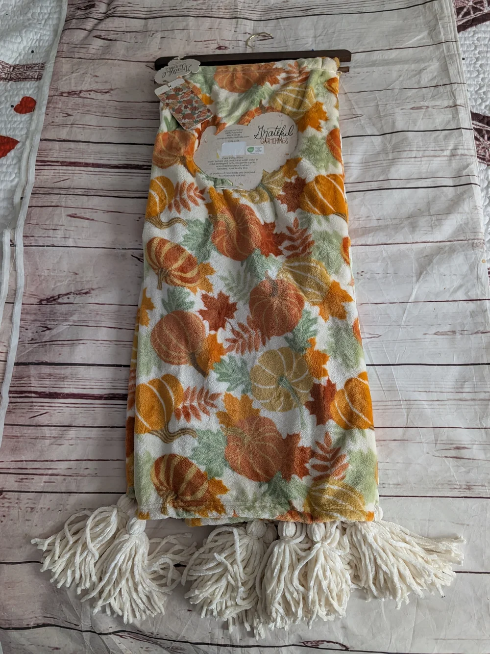 Grateful Fall Pumpkin Tassel Throw Blanket - Orange, Green, Cream